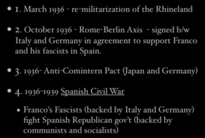 Hitler s / Nazi Aggression (12 points) 1. March 1936 - re-militarization of the Rhineland 2.