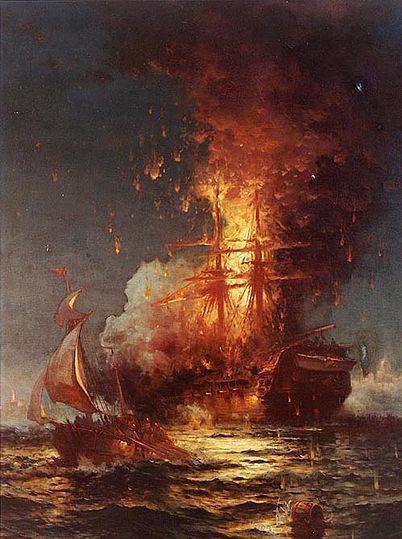 Conflict with the Barbary States Burning of the frigate Philadelphia in the harbor of Tripoli, February 16, 1804, by Edward Moran, painted 1897.