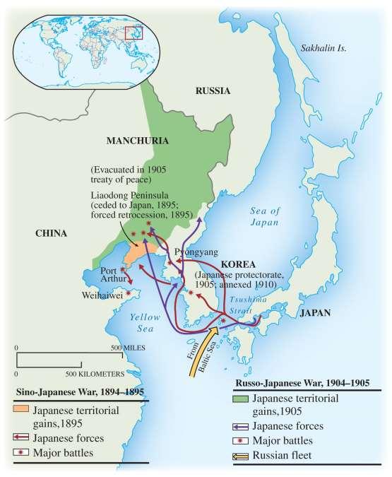 Map 28.2 The Russo-Japanese War The Russo-Japanese war focused on disputes over Chinese territory.