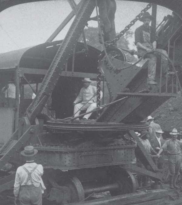 American President Theodore Roosevelt at the controls of a steam shovel during
