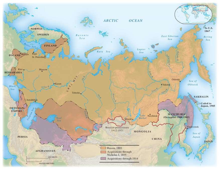 Map 28.1 Russian Expansion, 1815 1914 Russia continued to push to the west, south, and east.
