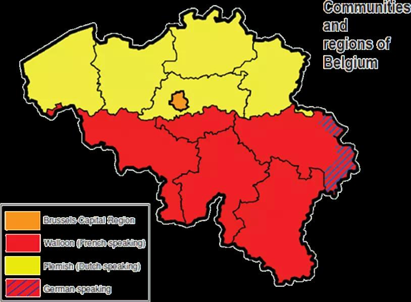 Map of Communities and Regions of Belgium B/w 1970 & 1993 they amended constitution 4 times so that everyone could live within the nation Number of Dutch and French-speaking ministers shall be equal