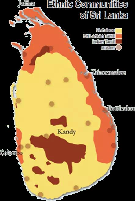 Sinhala speakers (Buddhists) form 74% and Tamil speakers (Hindus or Muslims) form 18%; 7% Christians (both Tamil & Sinhala) Within Tamil there