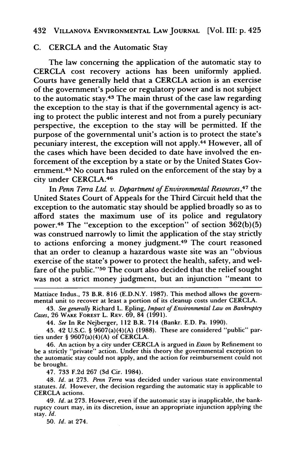 Villanova Environmental Law Journal, Vol. 3, Iss. 2 [1992], Art. 7 432 VILLANOVA ENVIRONMENTAL LAW JOURNAL [Vol. III: p. 425 C.