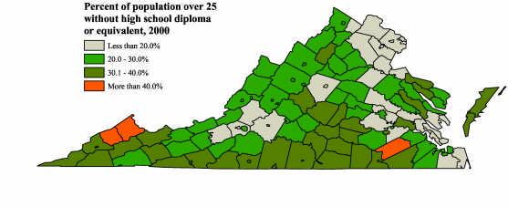 Percent of Population over 25 without High School Diploma, 2000 Source: Bureau of the Census. http://www2.census.gov/census_2000/datasets/ 100_and_sample_profile/Virginia. Accessed July 2002.