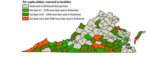 Counties That Get Back More Dollars Per Capita from Richmond Than They Sent to Richmond, 1998 Source: Department of Taxation. Unpublished data. This map is the mirror image of the previous map.
