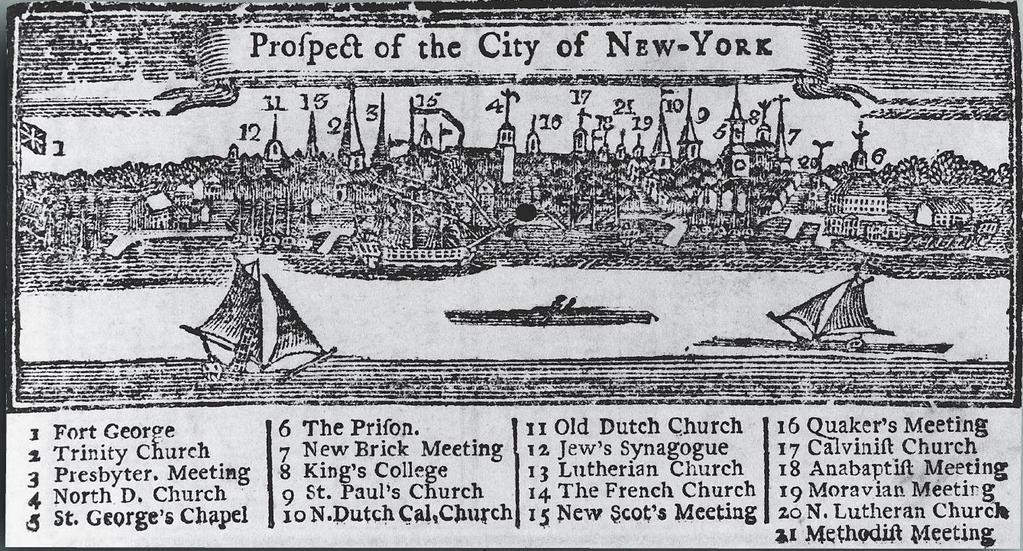 The predominance of church steeples in this engraving of colonial