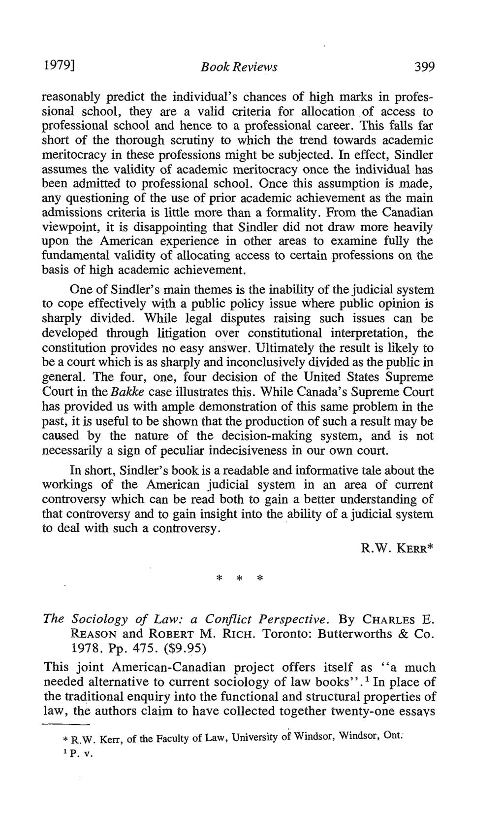The Sociology of Law : a Conflict Perspective. By CHARLES E. REASON and ROBERT 1VI. Ricx. Toronto : Butterworths & Co. 1978. Pp. 475. ($9.