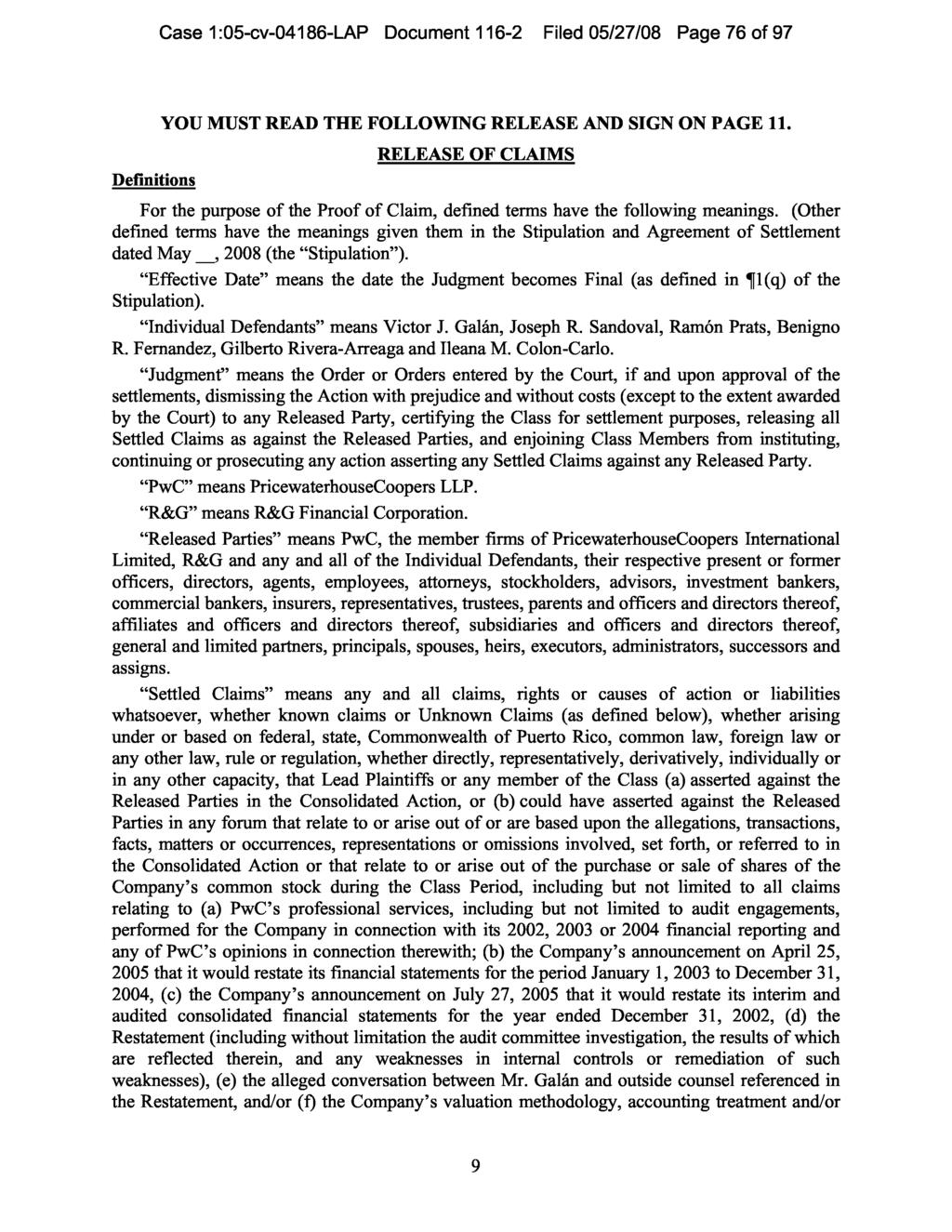 Case 1:05-cv-04186-LAP Document 116-2 Filed 05/27/08 Page 76 of 97 Definitions YOU MUST READ THE FOLLOWING RELEASE AND SIGN ON PAGE 11.