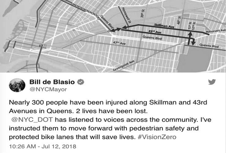 media tweet, for the DOT plan for Woodside and Sunnyside s Skillman and 43rd Avenues in Woodside and Sunnyside to remove 116 parking spaces, narrow and remove lanes, and install protected bike lanes