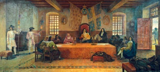 THE SOVEREIGN COUNCIL (Oil on canvas mounted on the wall) This painting was begun in 1926 by Charles Huot and completed in 1930 by Paul Bédard and Henri Bélisle, students at the École des beaux-arts,
