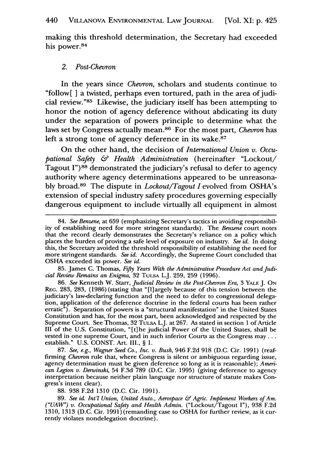 440 Villanova Environmental Law Journal, Vol. 11, Iss. 2 [2000], Art. VILLANOVA ENVIRONMENTAL LAW JOURNAL [Vol. 4 XI: p. 425 making this threshold determination, the Secretary had exceeded his power.