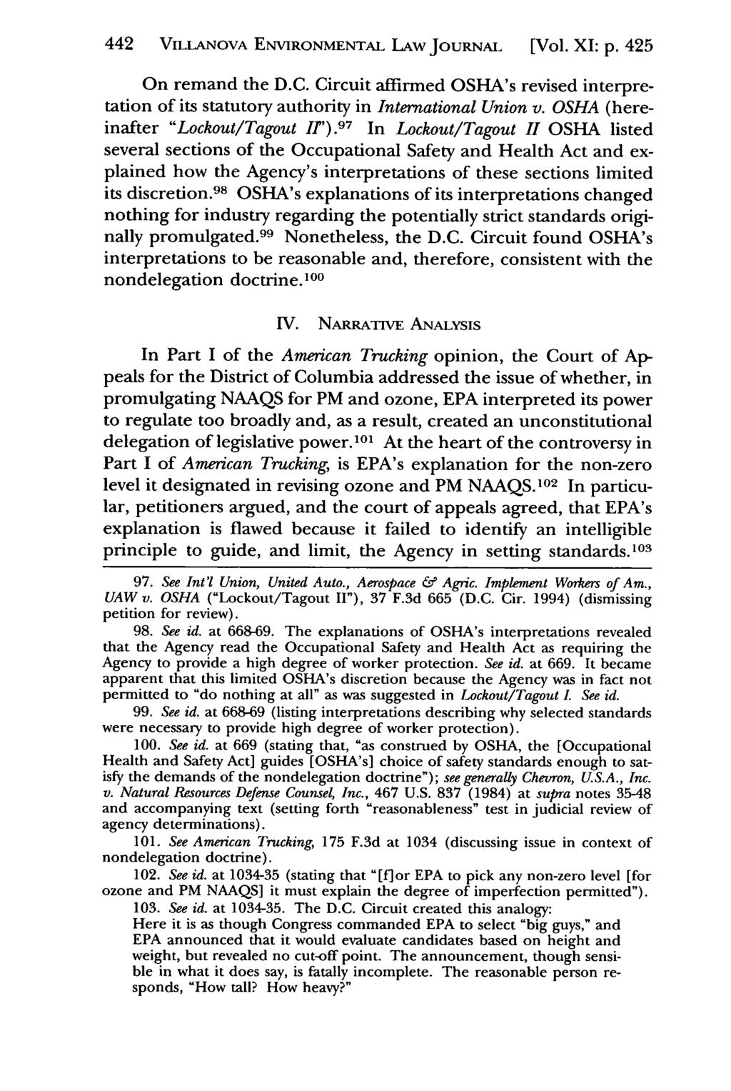 442 VILiANovA Villanova Environmental ENVIRONMENTAL Law Journal, LAW Vol. 11, JouRNAL Iss. 2 [2000], Art. [Vol. 4 XI: p. 425 On remand the D.C.