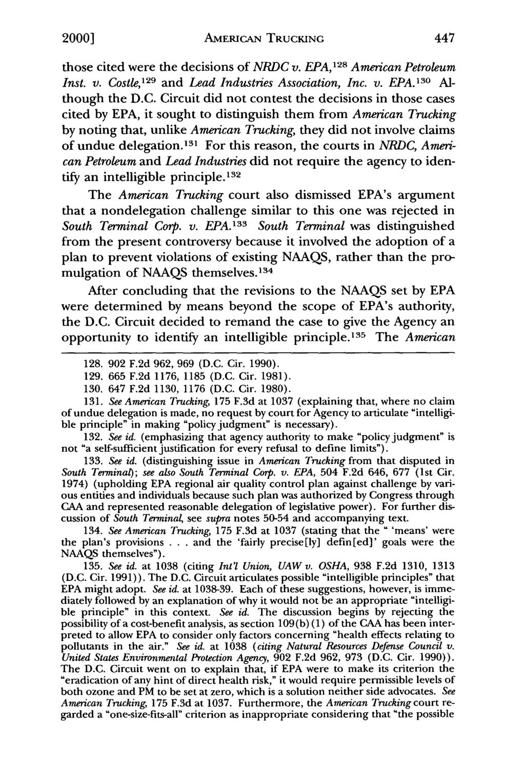 Quandt: American Trucking Associations, Inc. v. United States Environment 2000] AMERICAN TRUCKING 447 those cited were the decisions of NRDC v. EPA, 128 American Petroleum Inst. v. Costle, 12 9 and Lead Industries Association, Inc.