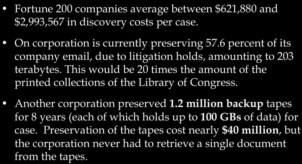 The Cost of Preservation Fortune 200 companies average between $621,880 and $2,993,567 in discovery costs per case. On corporation is currently preserving 57.