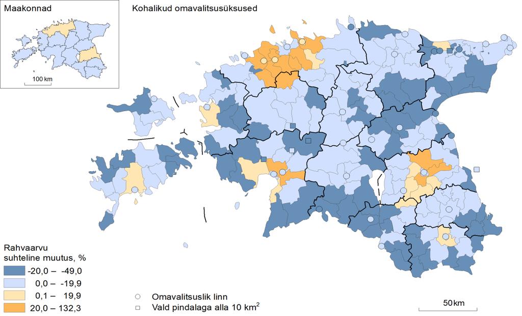 Tulenevalt kiirest linnastumisprotsessist, on suuremate linnade (eelkõige Tallinna ja Tartu) lähiümbruses kujunenud vanusegruppide disproportsioonid, kus
