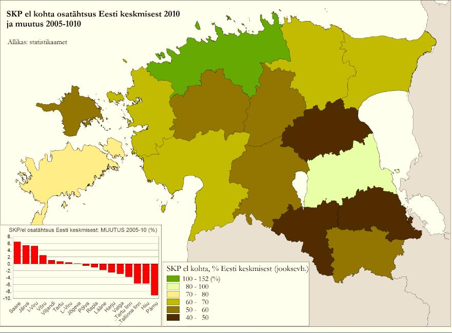 linnas (102%). Ka Tartu maakonnas tervikuna ulatus SKT elaniku kohta üle 90% ning mujal on näitaja jäänud juba selgelt riigi keskmisest madalamaks (joon. 6).