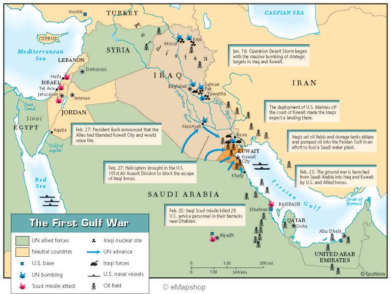 2) Persian Gulf War: 1990, Iraq invaded Kuwait and seized its oil Fields. The U.S. saw the Iraqi action as a threat to Saudi Arabia and to the flow of oil.