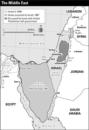 5. Question: Using the map, answer the following question: What does this map suggest about the state of Israel in comparison to the Middle East during this time period?