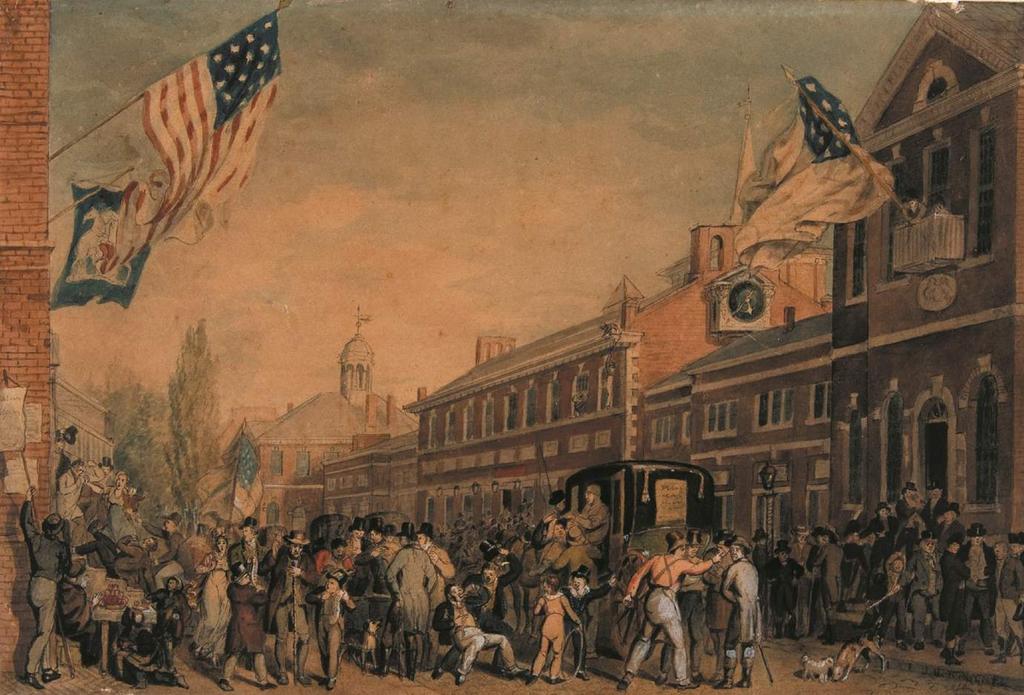 Political Parties Begin This painting shows Election Day in Philadelphia in 1815. The crowd is standing on Chestnut Street. Congress Hall is on the right.