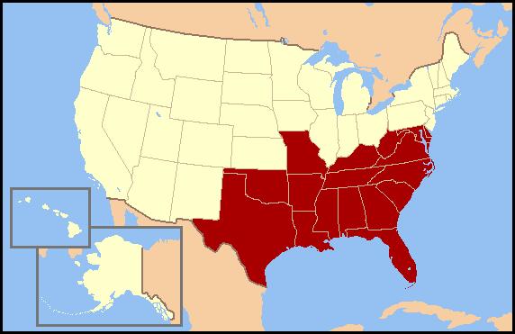 The Democratic-Republicans drew much of their support from the South. This map shows the states that are considered to be southern states.