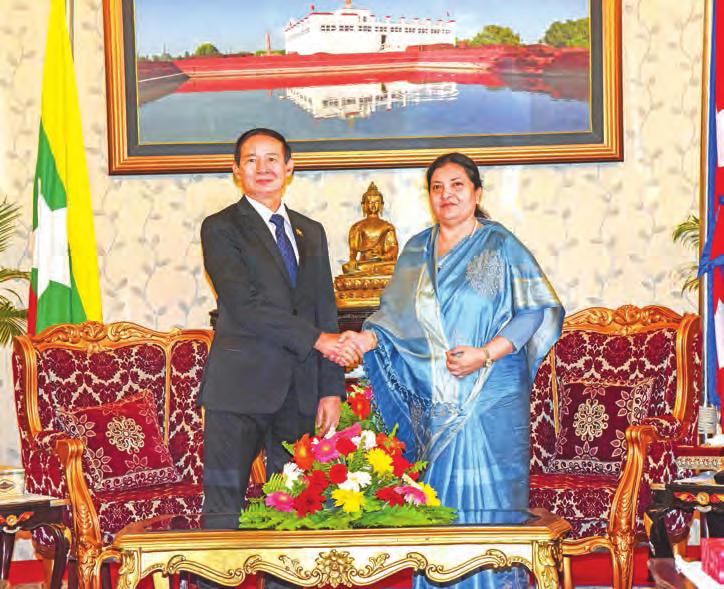 Bidhya Devi Bhandari in Kathmandu, Nepal, yesterday. PHOTO: MNA State Counsellor Daw Aung San Suu Kyi welcomes Ambassador Rosario Manalo, Chairperson of the Independent Commission of Enquiry.