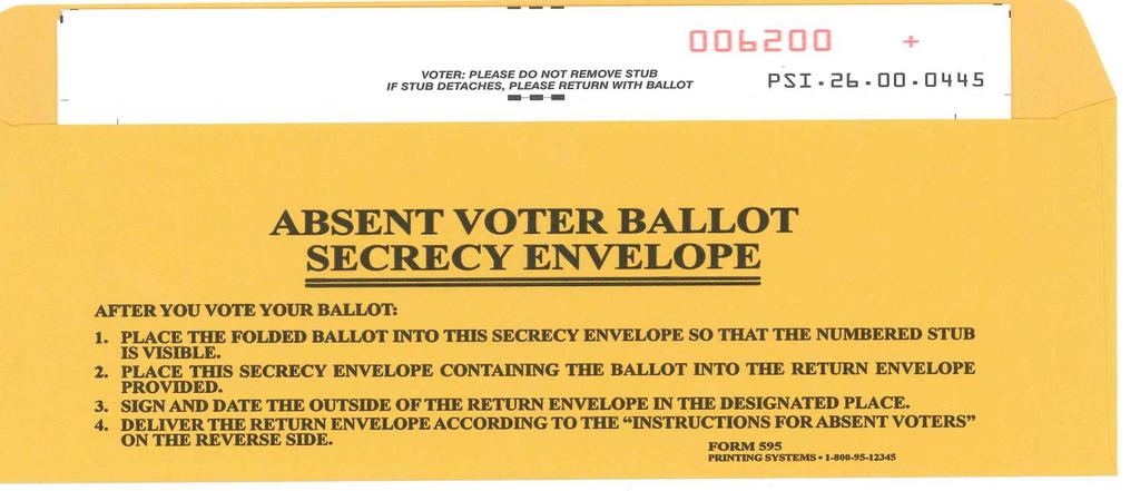 PROCESSING THE ABSENT VOTER BALLOT ENVELOPES Look inside the envelope: o Check stub number against the ballot number on the label on the outside envelope.