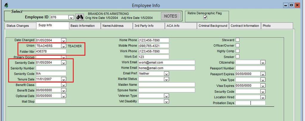 Tracking Additional Seniority Information Additional information related to seniority can be tracked in the Employee Info window.