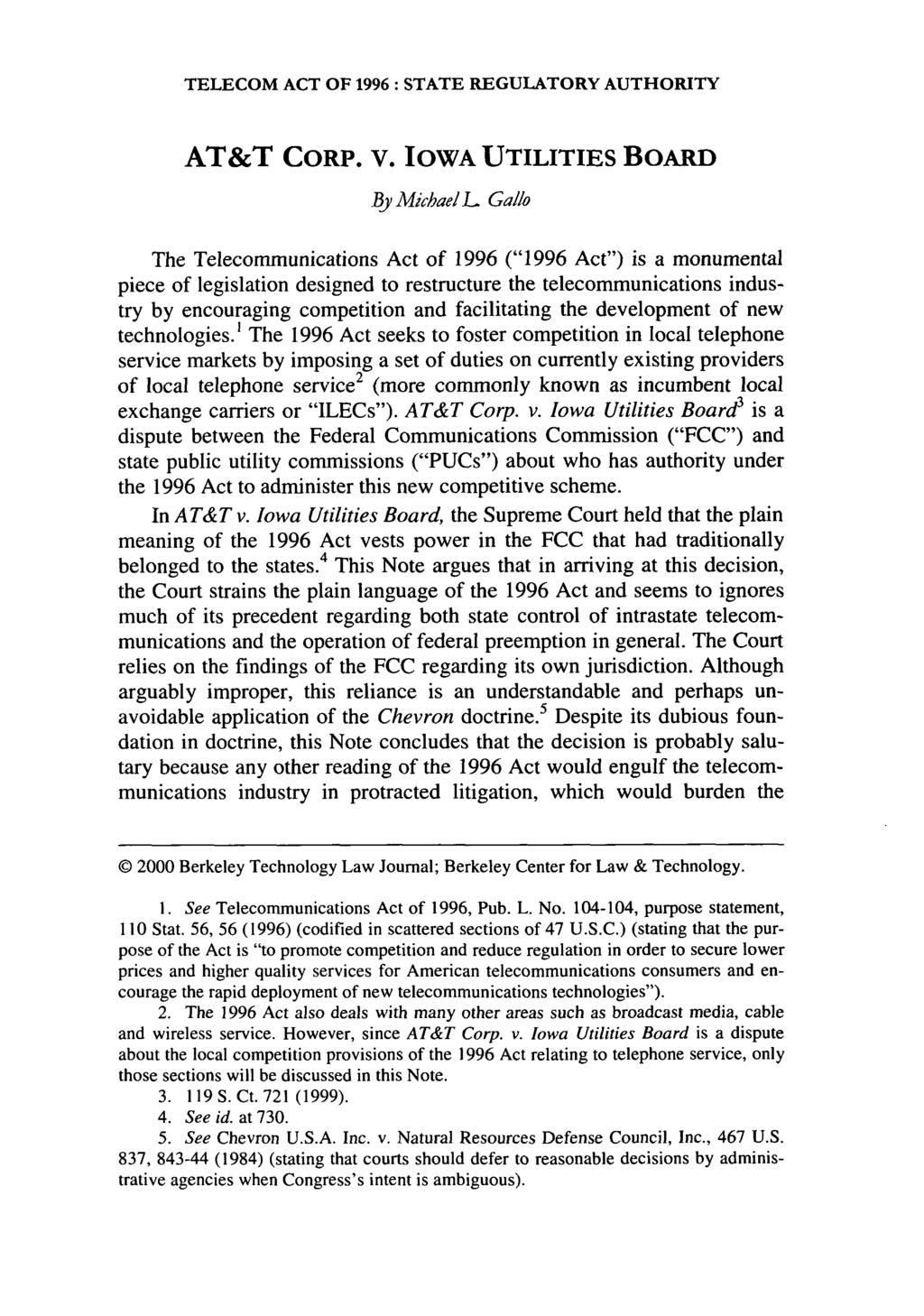 TELECOM ACT OF 1996: STATE REGULATORY AUTHORITY AT&T CORP. V.