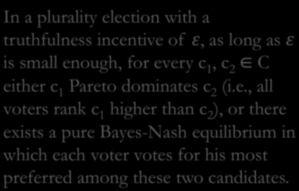 Results: proposition In a plurality election with a truthfulness incentive of ε, as long as ε is small enough, for every c 1, c 2 C either c 1 Pareto dominates c 2
