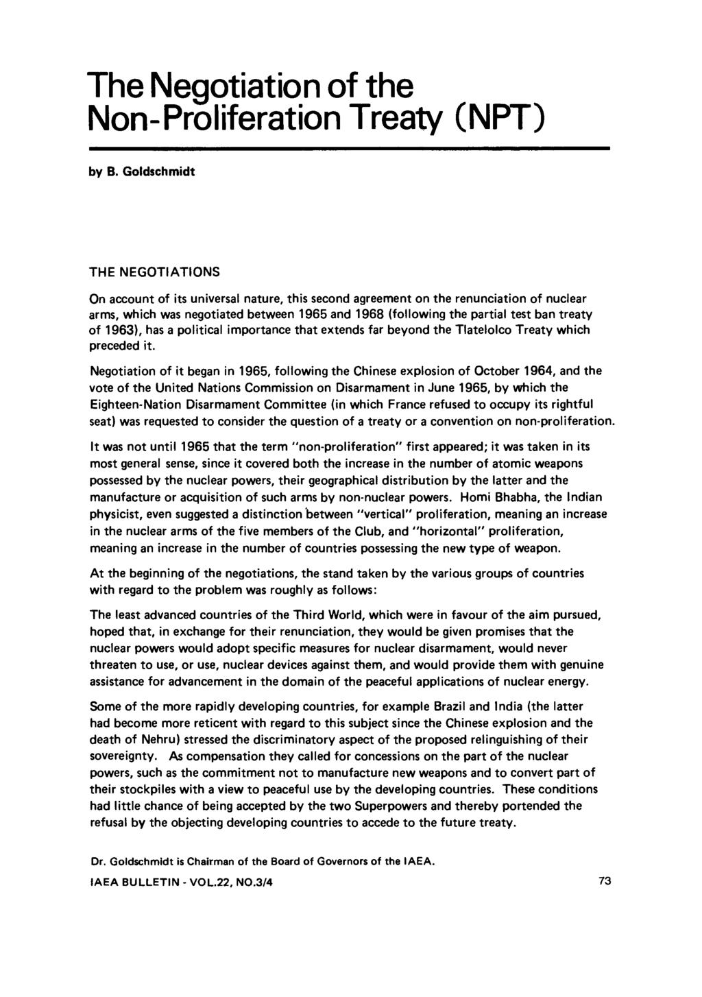 The Negotiation of the Non-Proliferation Treaty (NPT) by B.
