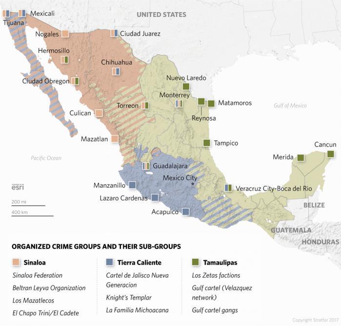 Figure 3. Cartel Map by Region of Influence in 2017 (Mexican cartels by origin and region of influence is the basis for this mapping) Source: Stratfor Global Intelligence.