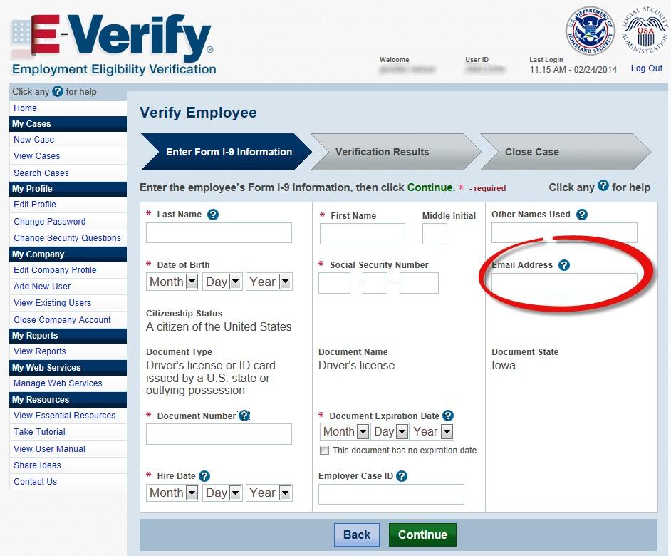Employee s email address field Optional field on Form I-9