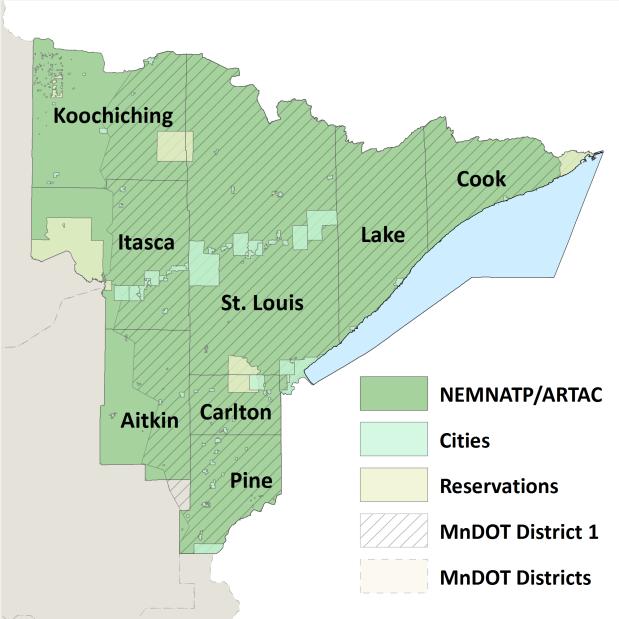 II. Area Served The NEMNATP serves Aitkin, Carlton, Cook, Itasca, Koochiching, Lake, Pine, and St. Louis counties in Northeast Minnesota.