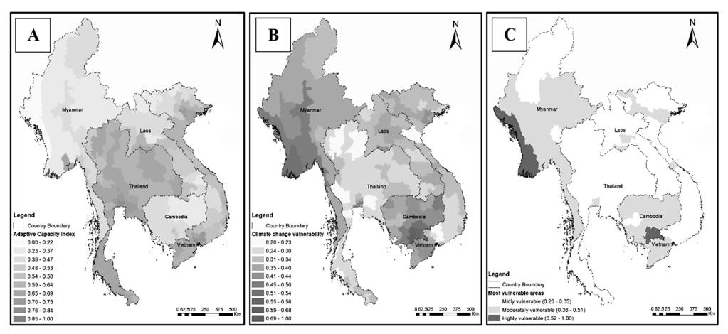 170 CMU J. Nat. Sci. (2017) Vol. 16(3) Figure 2(A) presents the ACI by province across the region. Bangkok has the highest adaptive capacity, with an ACI score of 0.82. The Chin State (0.