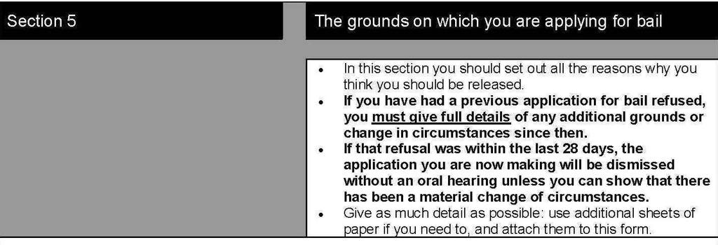 Chapter 8: Grounds for bail This chapter deals with Section 5 of the application to apply for bail (B1). Section 5 of the B1 form is called The grounds on which you are applying for bail.