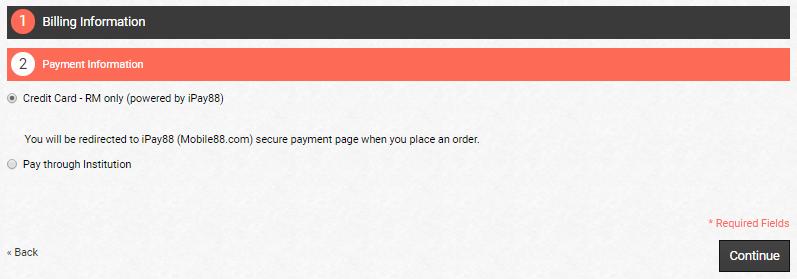 2.25 Select the Payment Method and click Continue to proceed. You are advised to pay online directly to EMGS by Credit Card.