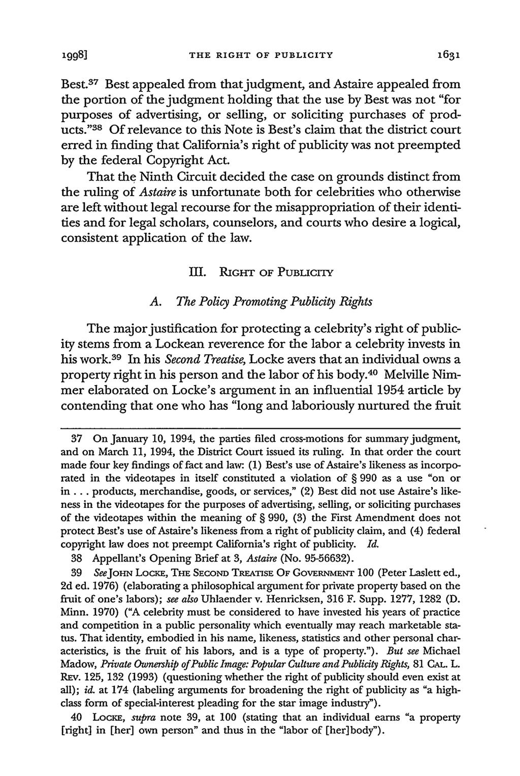 1998] THE RIGHT OF PUBLICITY 1631 Best.
