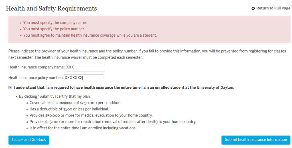 5. Enter your insurance company name and insurance policy number.