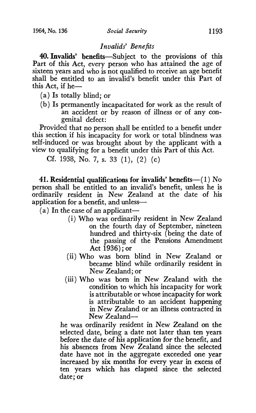 1964, No. 136 Social Security 1193 Invalids' Benefits 40.