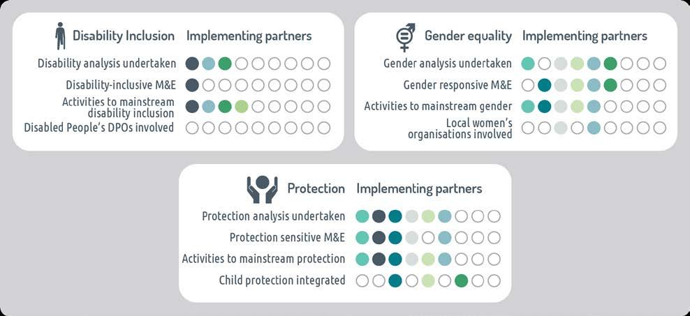 Figure 5: Analysis of implementing partner practices in relation mainstreaming protection, gender equity and disability inclusion Gender Equity and women s empowerment Few partners have specific