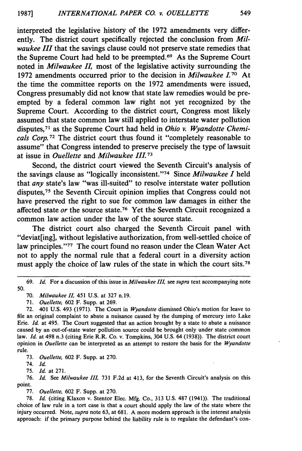 1987] INTERNATIONAL PAPER CO. v. OUELLETTE interpreted the legislative history of the 1972 amendments very differently.