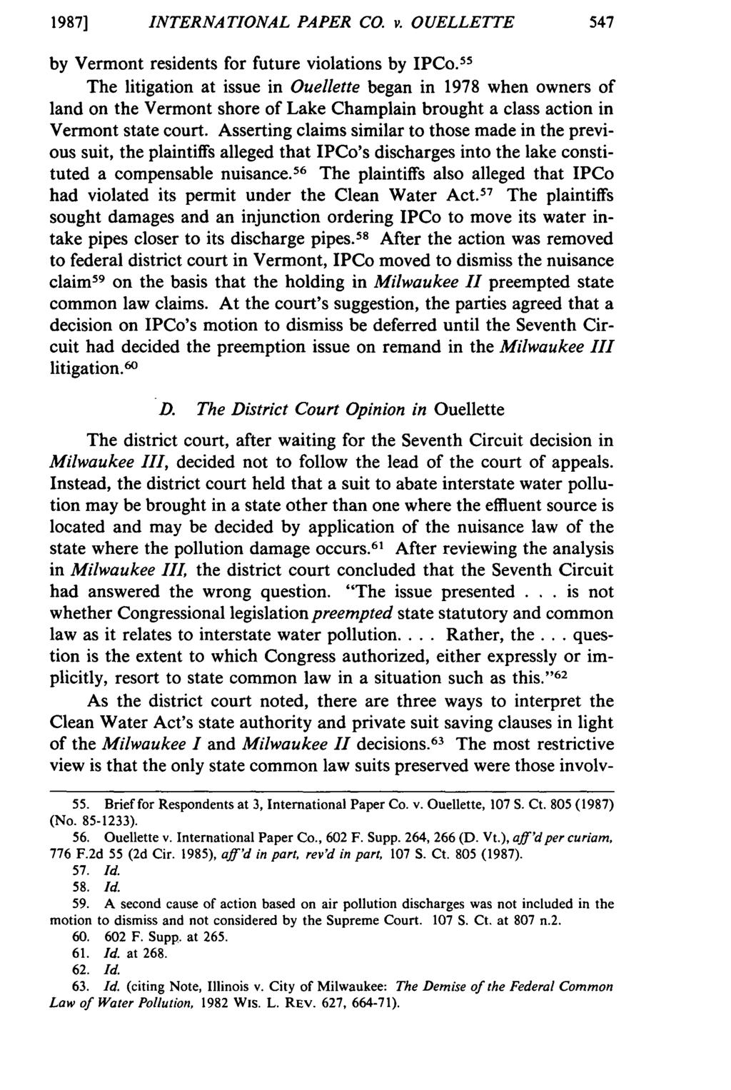 1987] INTERNATIONAL PAPER CO. v. OUELLETTE by Vermont residents for future violations by IPCo.
