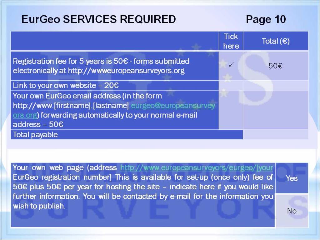 Continued Page 9 12 13 14 15 16 17 18 19 20 21 22 23 24 25 26 27 EurGeo SERVICES REQUIRED Page 10 Tick here Total ( ) Registration fee for 5 years is 50 - forms submitted electronically at