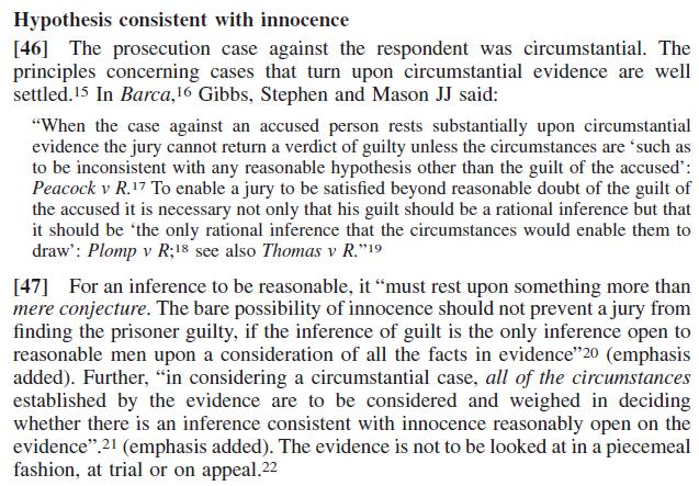 There is a great, short summary of the main principles for using circumstantial evidence to establish guilt at [46]-[47]: Post-offence conduct features at [72]-[77] Implications for environmental