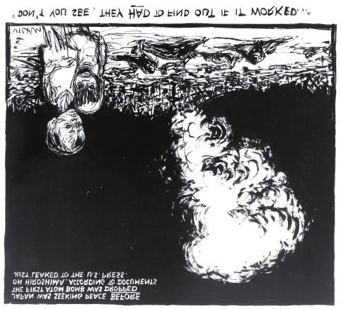 Source H A British cartoon published in The Evening Standard, 25 August 1960. It is referring to the debate over America s use of the atomic bomb.