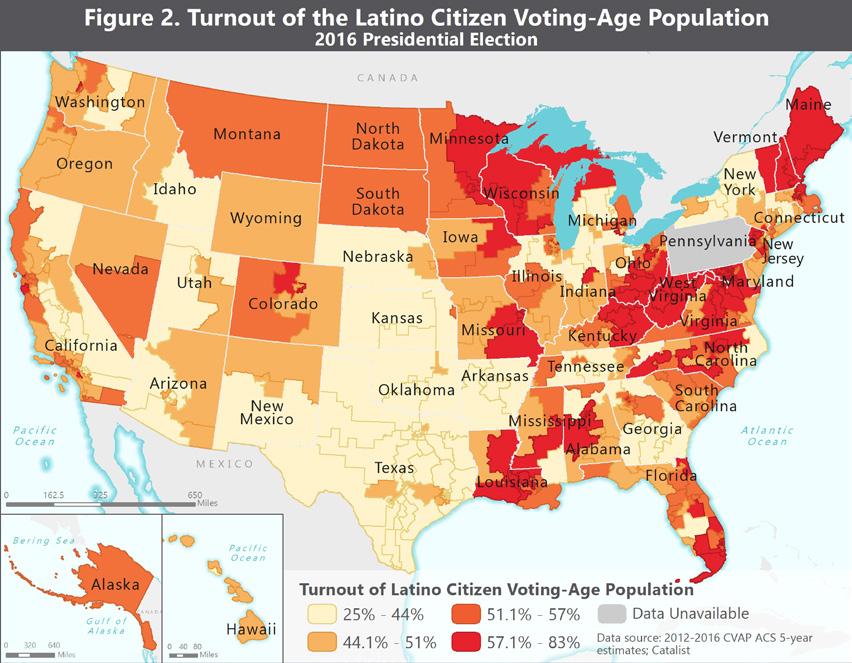 2016 Latino Voter Turnout by Congressional District In many congressional districts, high rates of Latino voter turnout do not necessarily correlate with high percentages of Latino voting-age