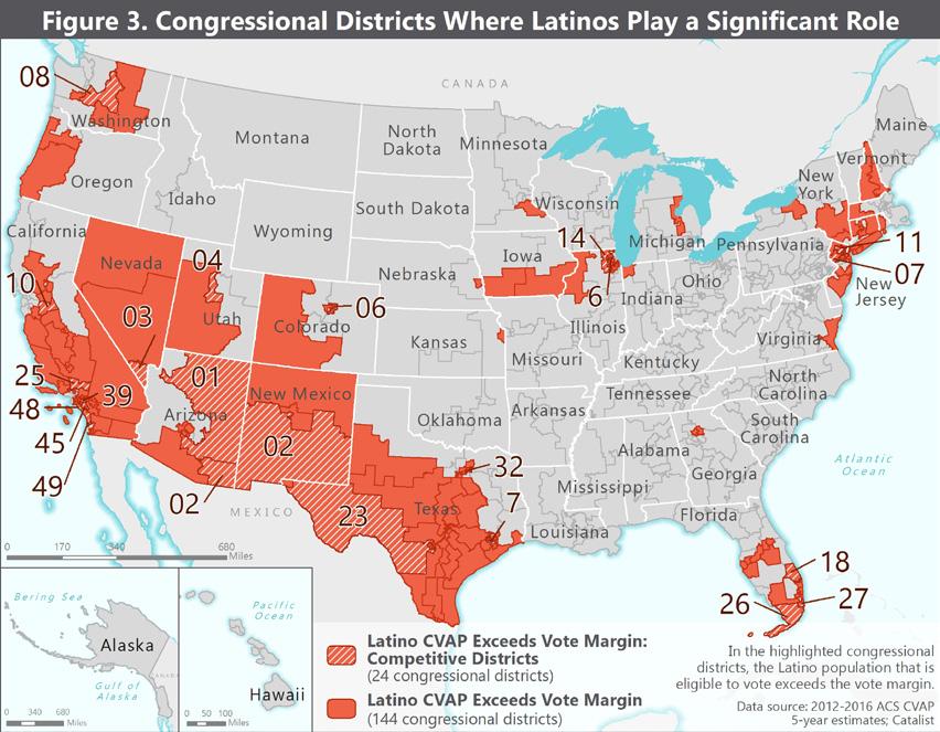 In Figure 2, we can see that the states with congressional districts that have the highest Latino turnout of the citizen votingage population are in the Midwestern and eastern United States, in parts