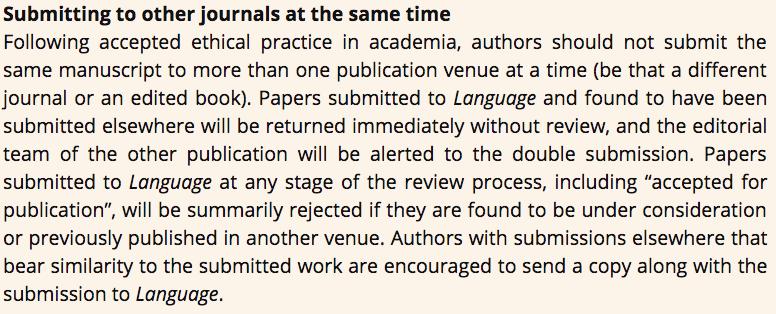 Duplicate submissions Never submit the same manuscript simultaneously to more than one venue Violation of basic ethical standards of scientific publication Why?