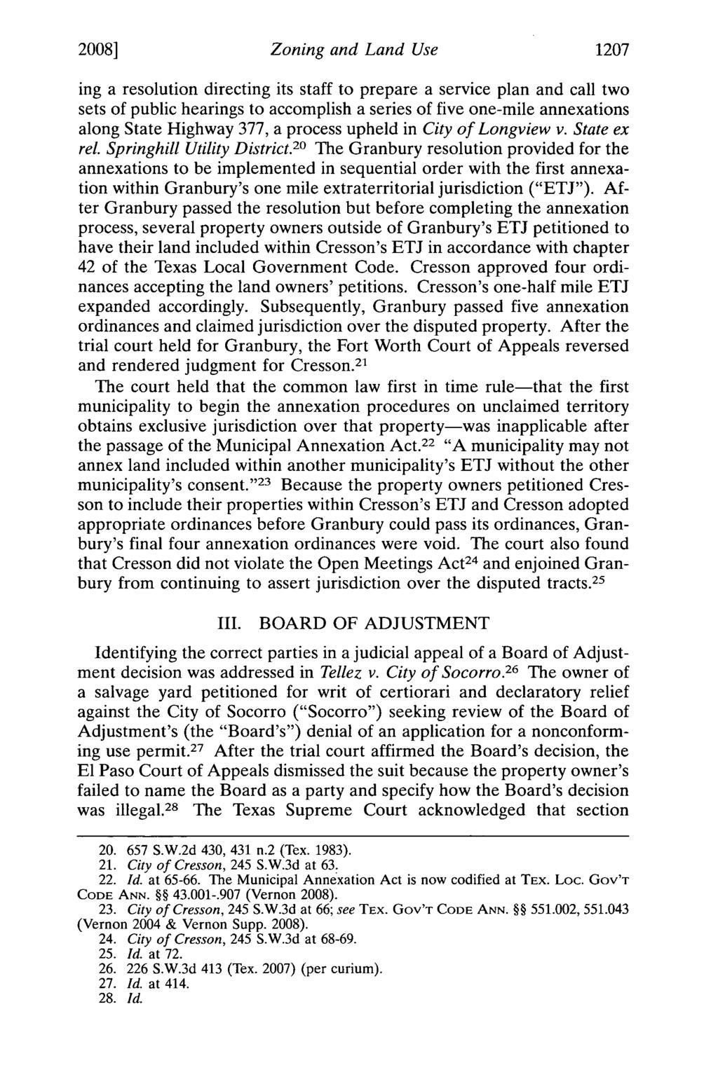 2008] Zoning and Land Use 1207 ing a resolution directing its staff to prepare a service plan and call two sets of public hearings to accomplish a series of five one-mile annexations along State